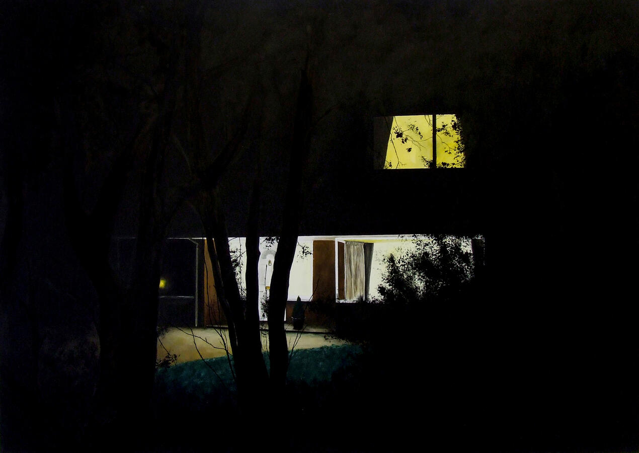 An atmospheric painting of a home at night, viewed from a distance behind dark, spindly tree trunks. The ground floor is brightly lit with cool white light, while an upper window glows with a warm yellow hue, silhouetting the leaves of nearby bushes agains