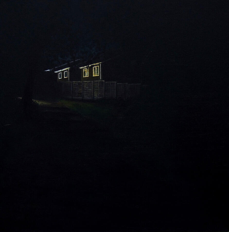A low-light painting depicting a suburban home shrouded in near-total darkness. Only a section of the roof, a wooden fence, and four small window panes glowing with warm light are visible against the black void.