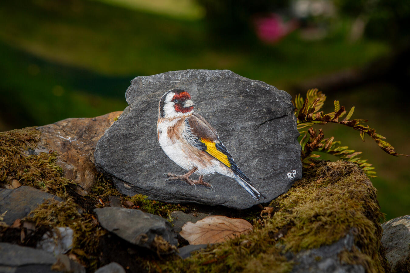 Goldfinch #2 acrylic on Welsh slate 12 x 18 cm Available
