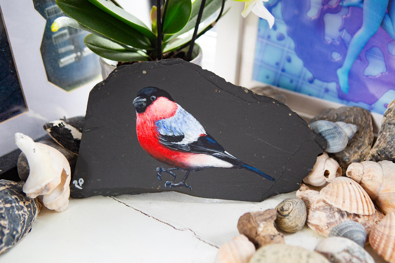 Male bullfinch painted on an old piece of blue welsh roof slate