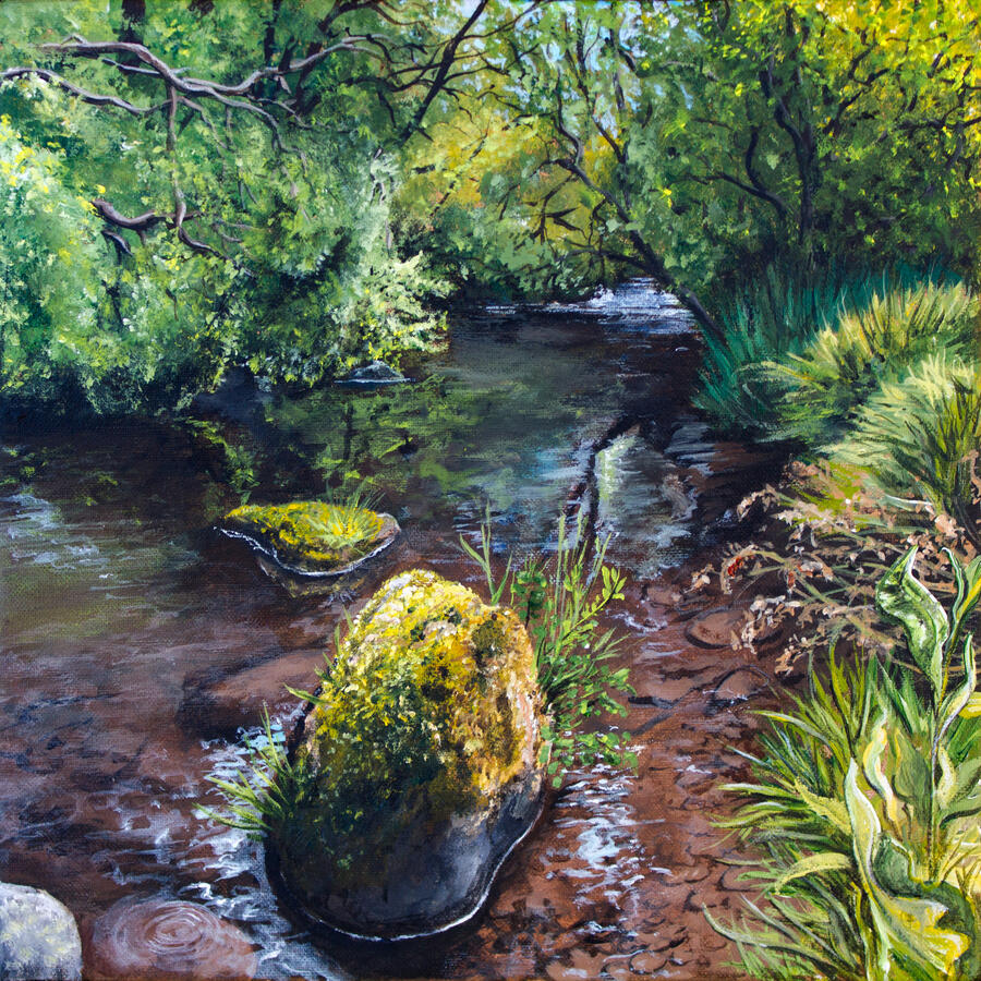 From the Secret Beach on Afon Alwen 18 x 18 x 3 cm acrylic on canvas Available