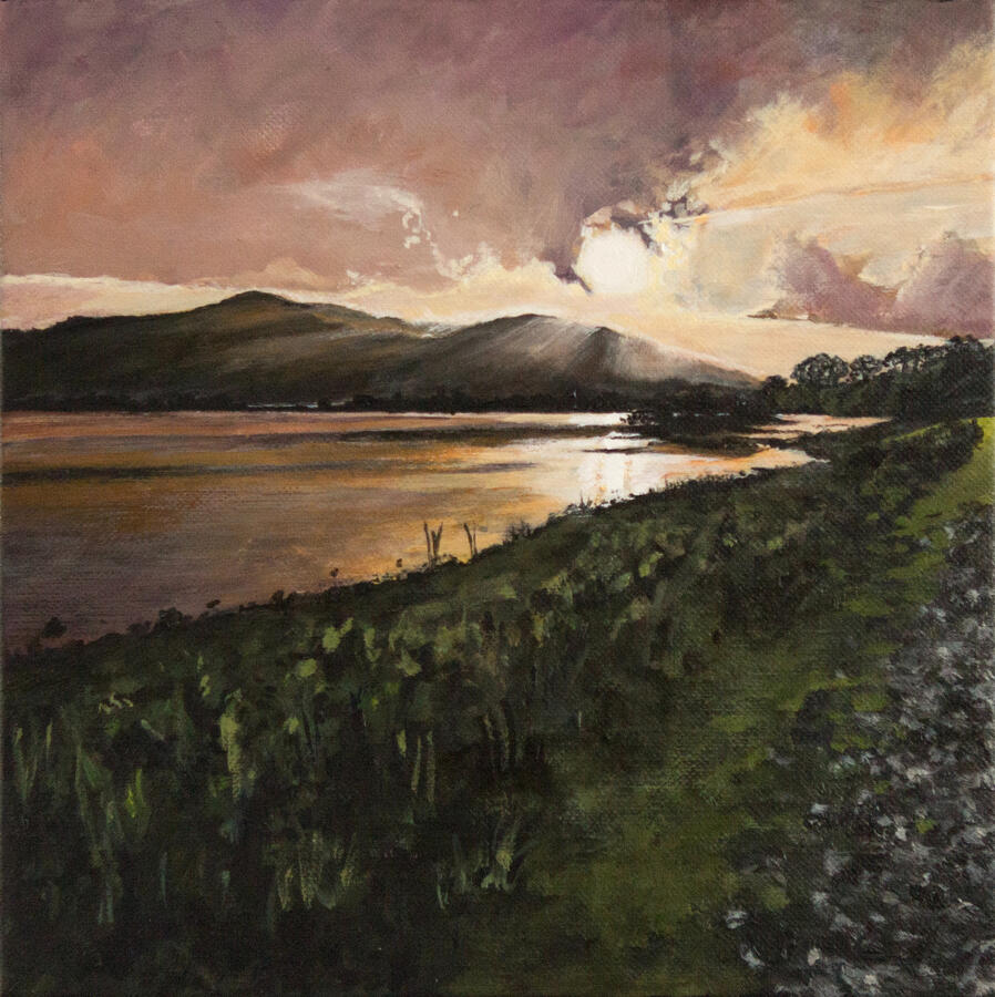 Landscape painting of a golden sunset over a calm reflective lake, with rolling dark hills in the distance, a glowing purple-orange sky, and a grassy shoreline path leading along the water’s edge.